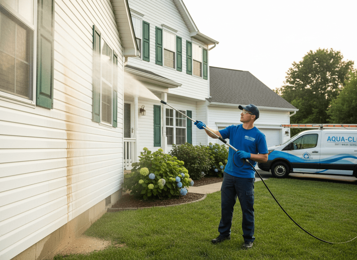 Professional technician soft-washing a brick house wall